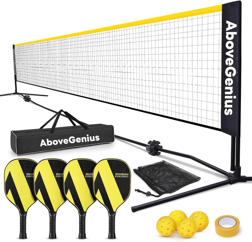 AboveGenius Pickleball Set with Net(17 FT), Pickleball Paddles Set of 1 2 3 4, Portable Pickleball Net for Driveway, 4 Outdoor Pickleball Balls, 1 Storage Bag, 1 Carry Bag, 1 Court Marker