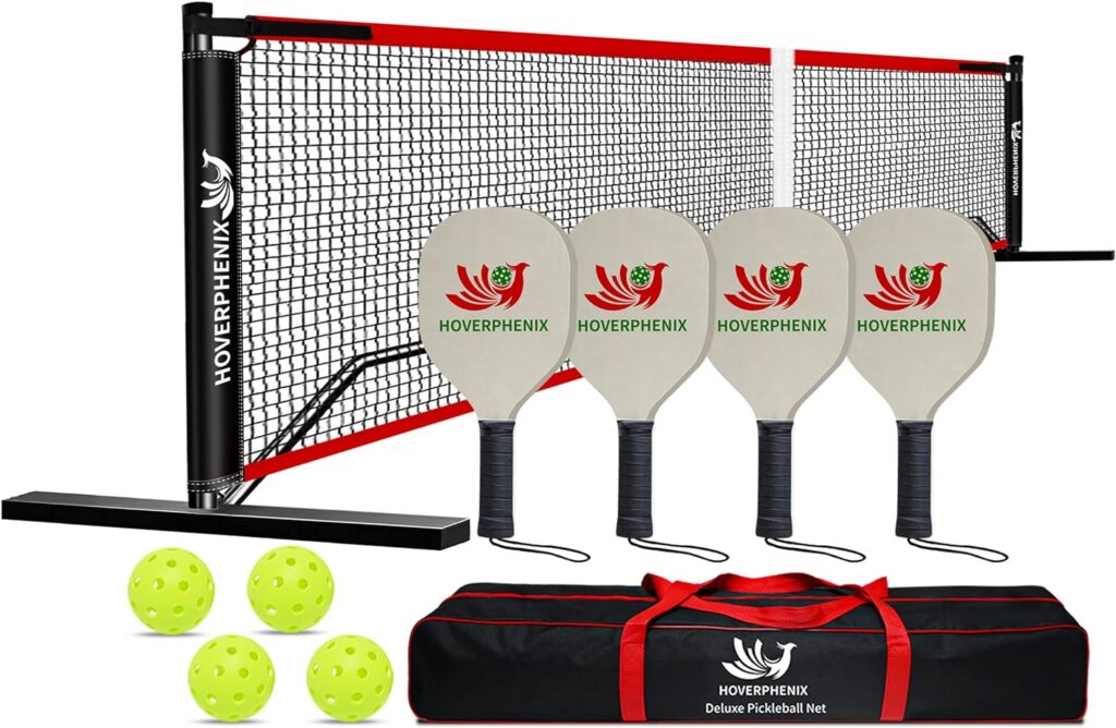 Hoverphenix Pickleball Set with Net for Driveway Portable Regulation Size Pickleball Net System with Paddle Set of 4, Outdoor Pickleballs, Carry Bag, Weather Resistant Metal Frame