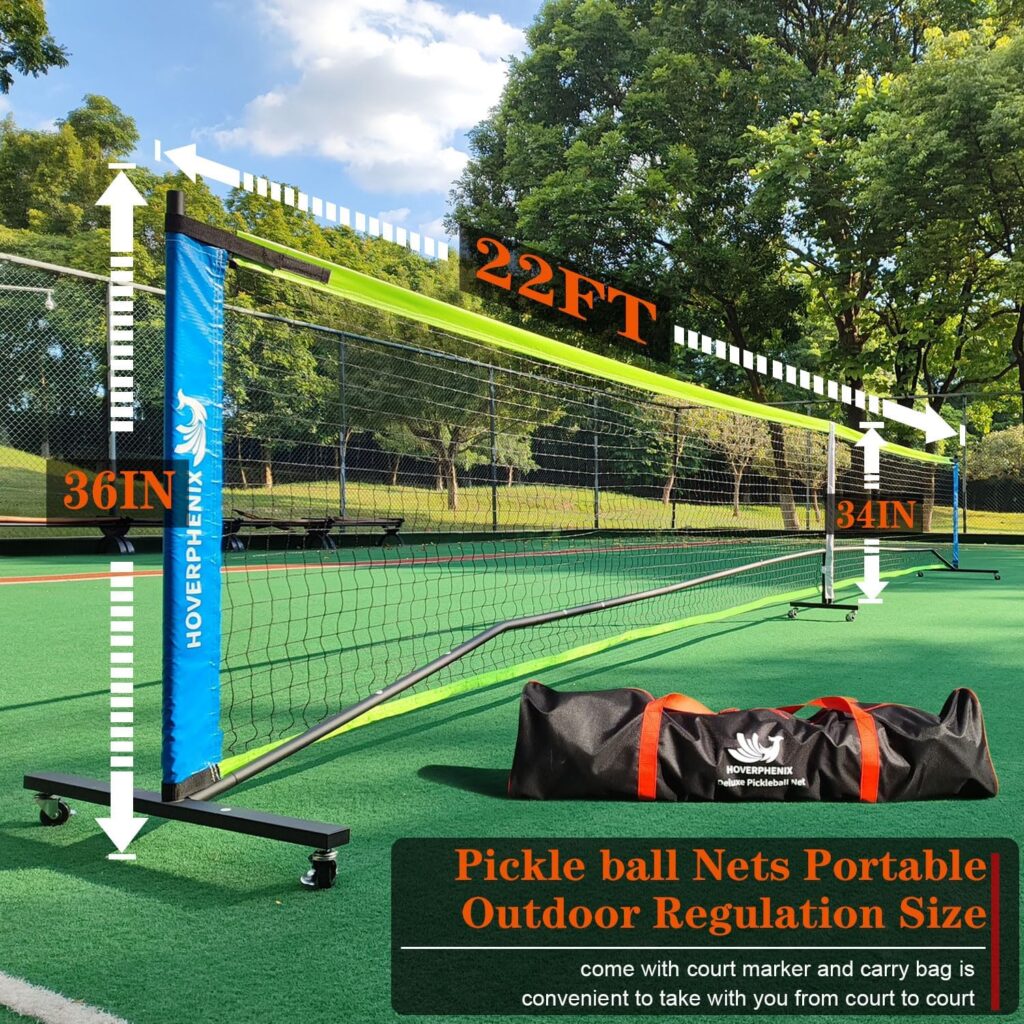 Hoverphenix Pickleball Set with Net for Driveway Portable Regulation Size Pickleball Net System with Paddle Set of 4, Outdoor Pickleballs, Carry Bag, Weather Resistant Metal Frame