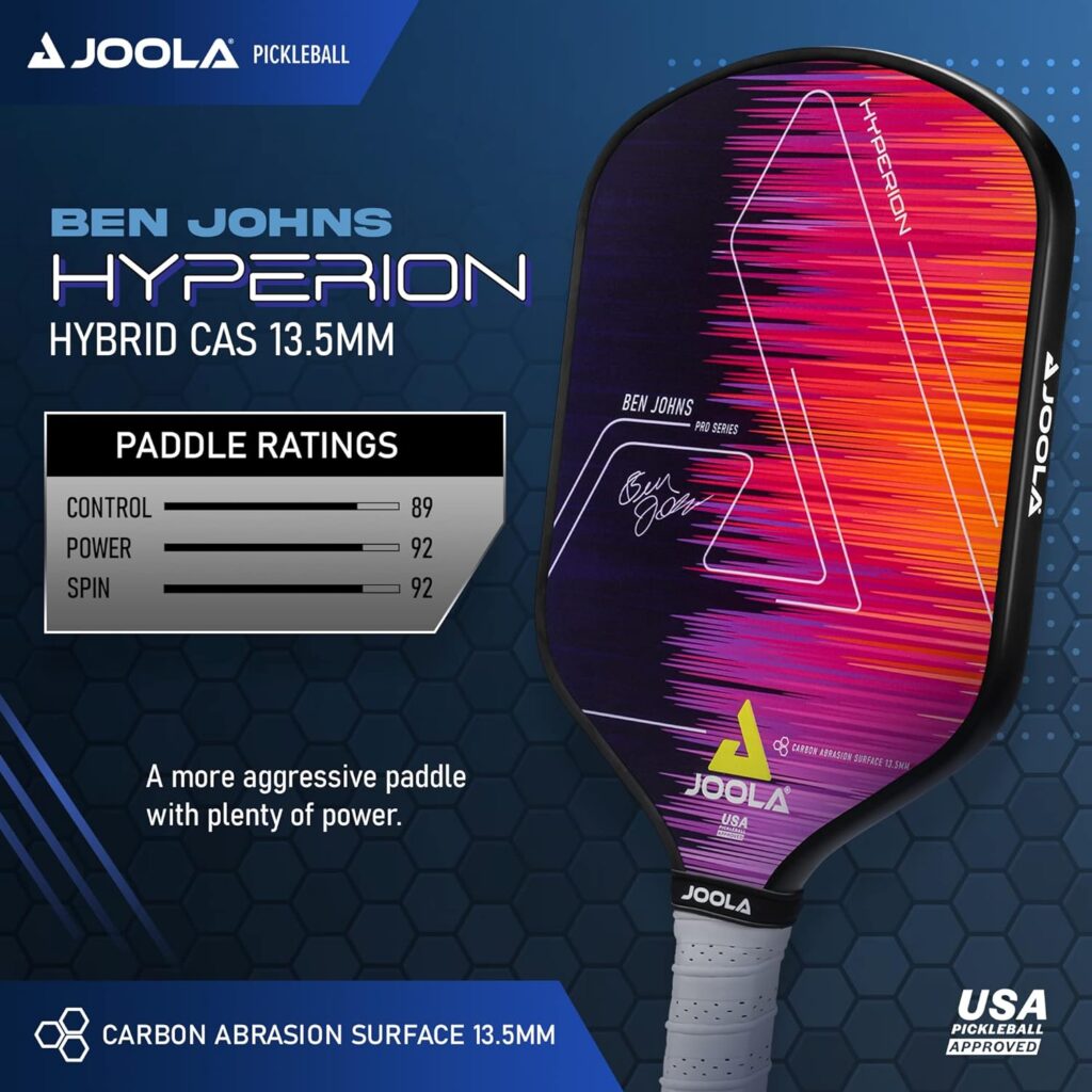 JOOLA Ben Johns Hyperion CAS Pickleball Paddle - Carbon Abrasion Surface with High Grit  Spin, Sure-Grip Elongated Handle, Pickleball Paddle with Polypropylene Honeycomb Core, USAPA Approved