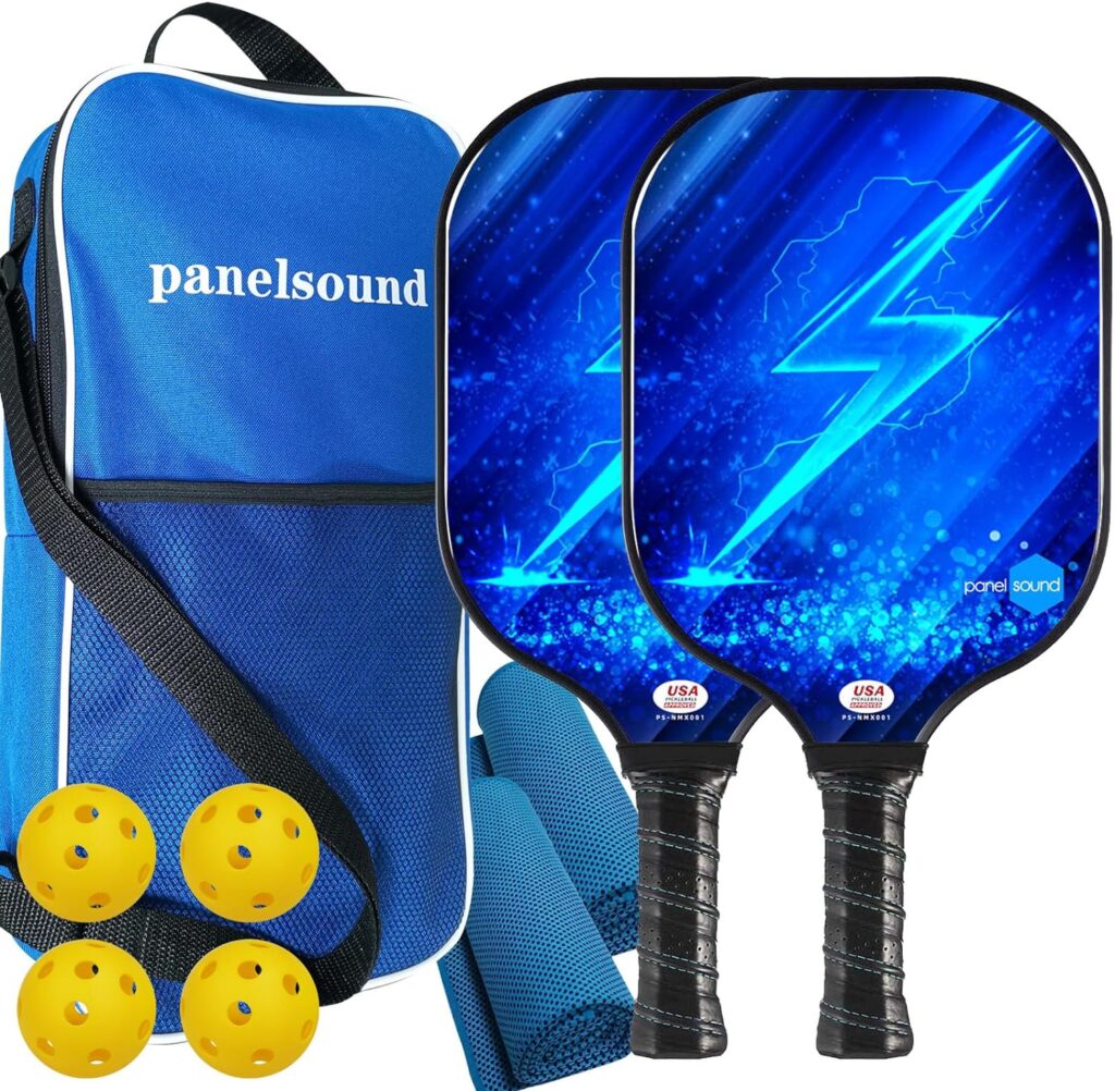 Panel Sound Pickleball Paddles, USAPA Approved Graphite Carbon Fiber/Fiberglass Pickleball Set of 2, Lightweight Pickleball Rackets Set with 1 Carrying Case, 2 Cooling Towels  4 Balls