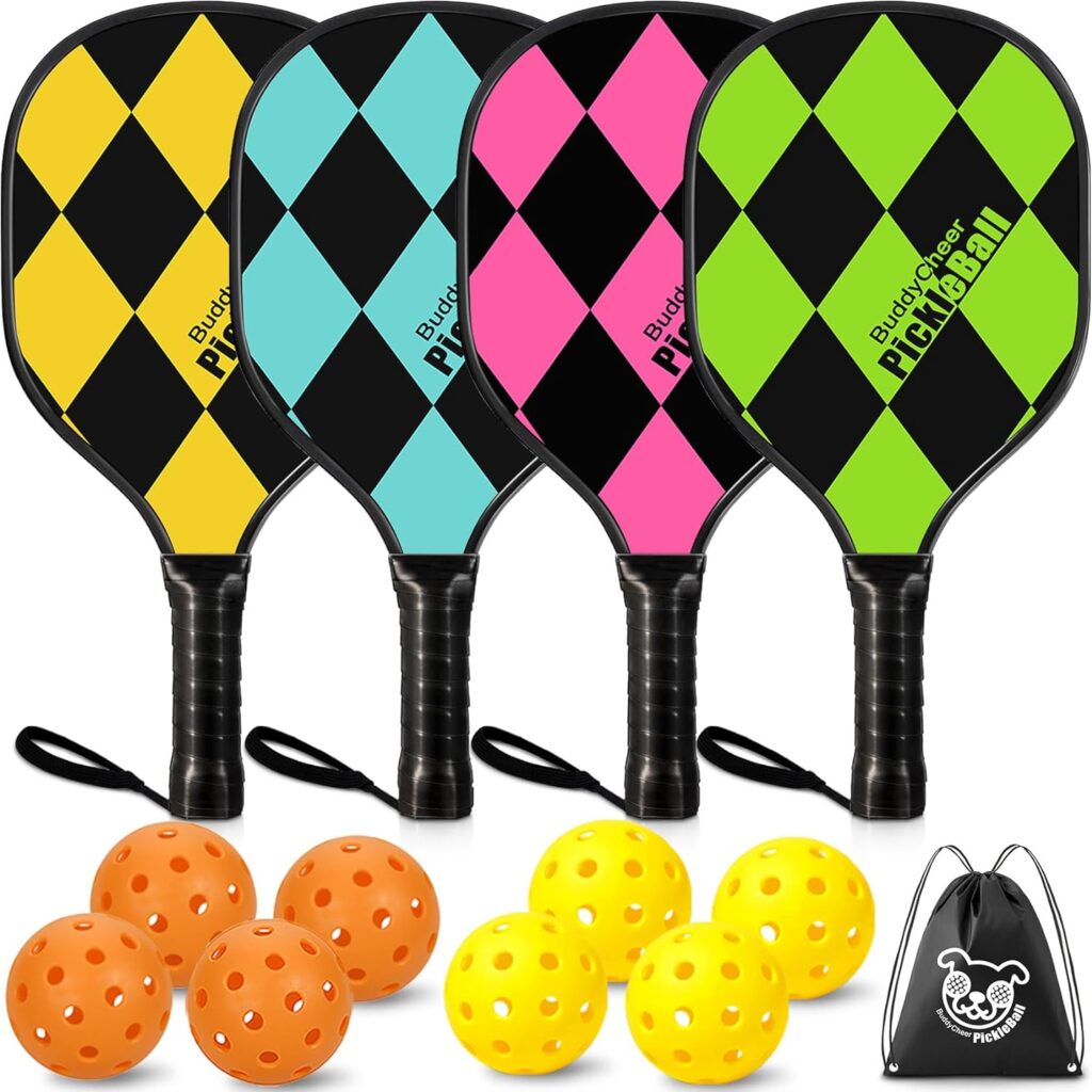 Pickleball Paddles Set of 4, Buddycheer Pickle Ball Paddle, Premium Wood, Ergonomic Cushion Grip, Pickleball Gifts for Women  Men, Pickle-Ball Equipment