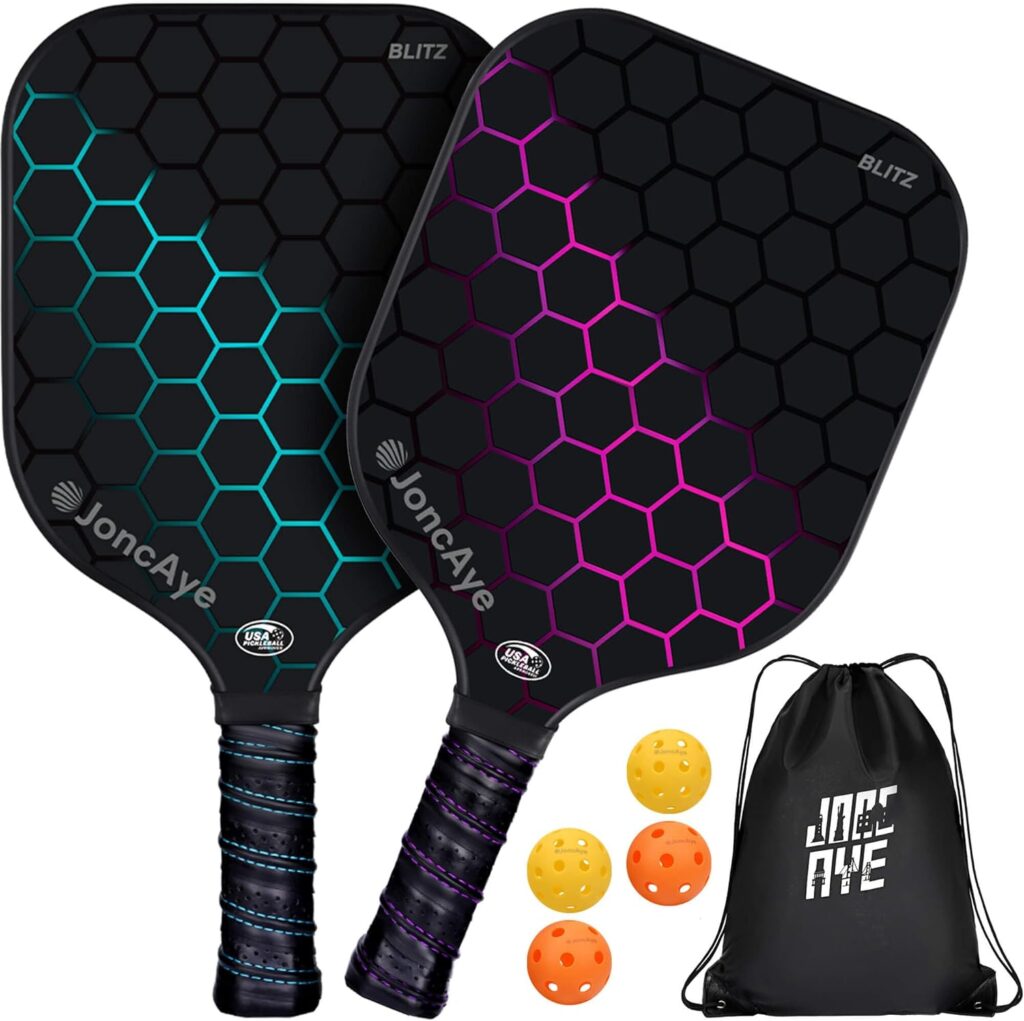 Pickleball-Set of 2 Paddles and 4 Balls with Paddle Bag, USAPA Compliant Pickle-Ball-Paddle-Set-of-2 for Adults Kids Beginners Intermediates | JoncAye Pickleball Racket Set and Accessories