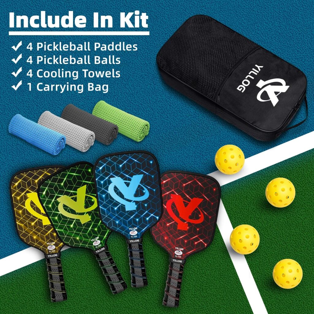 YILLOG Pickleball Paddles, USAPA Approved, Set of 4, Fiberglass Surface Pickleball Set, 4 Pickleball Balls, 4 Cooling Towels, Pickleball Bag, Pickle Ball Paddle for Men Women