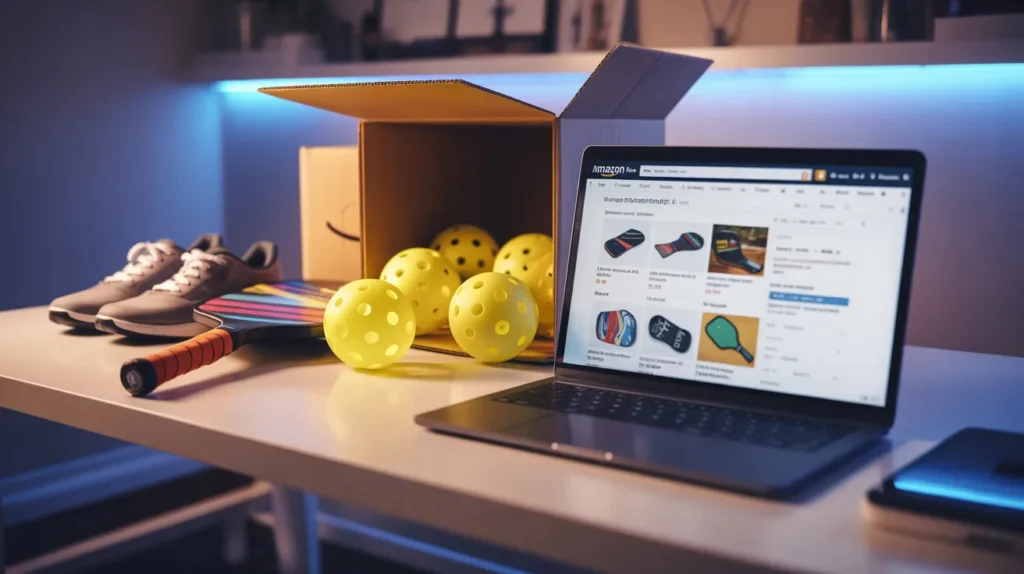 An over-the-shoulder view of a laptop screen showing an Amazon search for pickleball gear, surrounded by affordable equipment