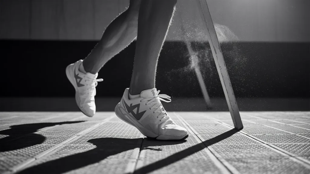 Close-up of a player’s feet on court tiles during a figure-eight drill
