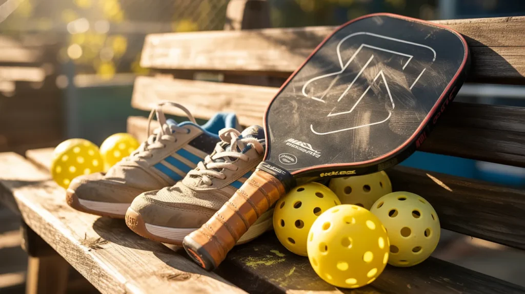 Close-up of a worn but well-loved pickleball paddle resting beside scuffed shoes and bright yellow balls on a wooden bench