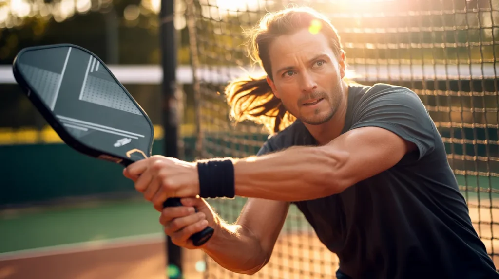 Dynamic action shot of a pickleball player mid-swing with a budget graphite paddle, sunlight flaring through the net
