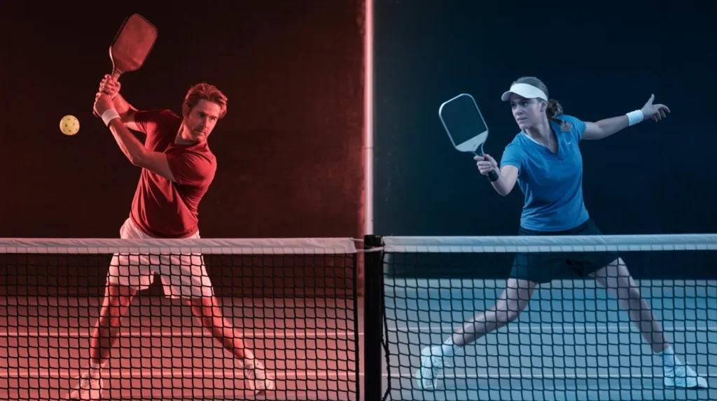 Split-scene composition with left side showing a frustrated power hitter missing a return