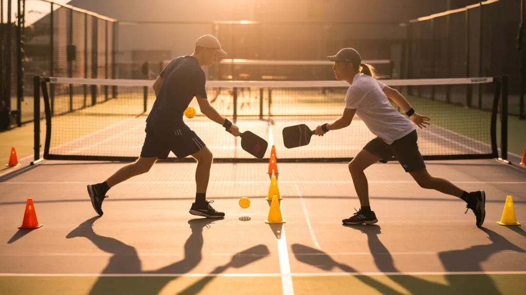 Two players mirrored in synchronized side-shuffles on opposite sides of a pickleball court