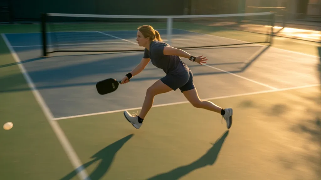 Wide-angle court view showing a determined player gliding from baseline to kitchen line