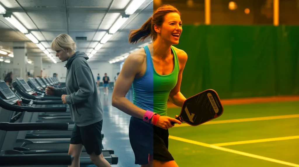 person laughing mid-game in a sunny pickleball match