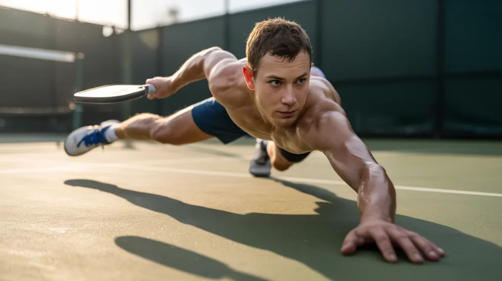 pickleball player mid–split step, suspended in micro-motion
