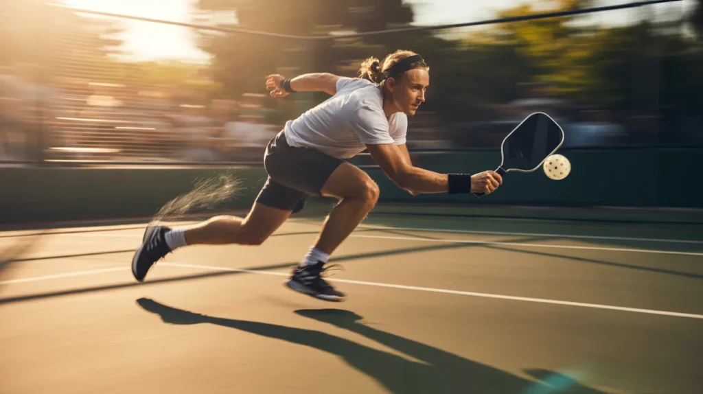 slow-motion dynamic capture of pickleball player sprinting for a return