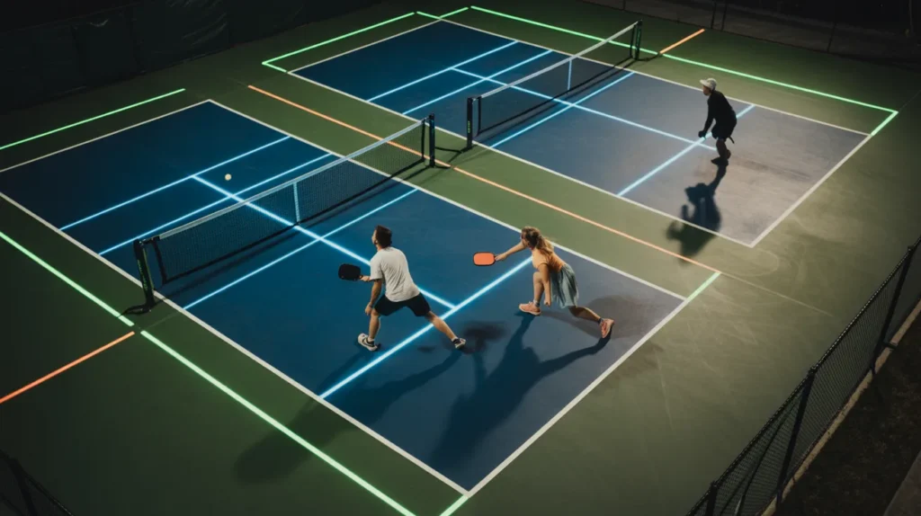 view of a pickleball court marked with glowing tactical zones and placement targets
