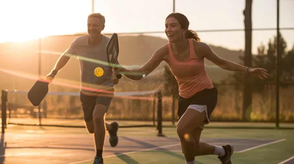 wide shot of two adults playing pickleball at sunrise on an outdoor court