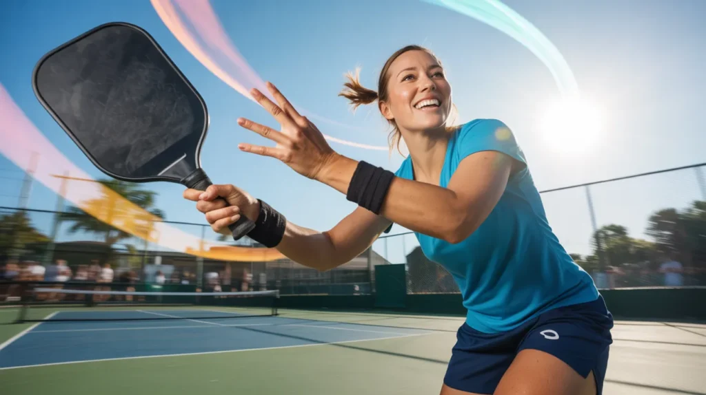 confident beginner in mid-rally, smiling with relaxed shoulders and a fluid paddle grip