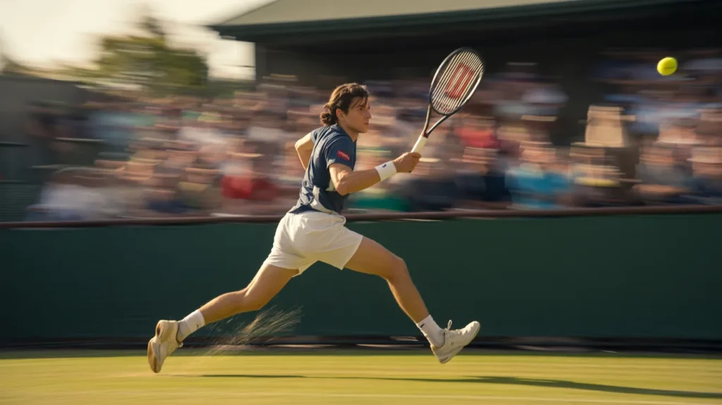dramatic freeze-frame of a player turning safely to chase a lob