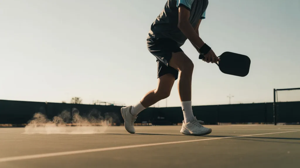 slow-motion capture of a player taking small, intentional steps on the pickleball court