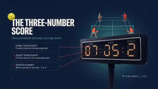 Pickleball three-number scoring system example showing server score, receiver score, and server number